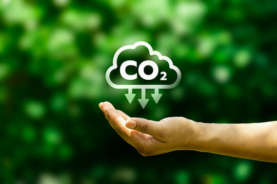 Hand presenting CO2 reduction symbol over green background, representing carbon management strategy, environmental sustainability concept, climate responsibility, and corporate net zero planning