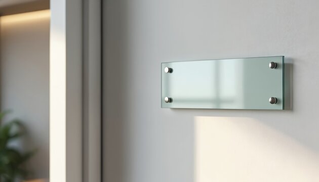 Blank transparent name plate hangs on light gray wall near door. Modern office interior door sign mockup for business branding. Clean glass signage for company entrance.