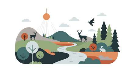 Fototapeta premium Illustrated Landscape: A stylized depiction of a vibrant natural landscape, blending simplicity with visual appeal, features rolling hills, flowing streams, and diverse wildlife.