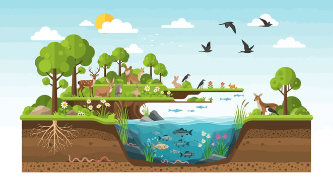 A Thriving Ecosystem: A vibrant illustration showcasing the interconnectedness of life in a lush ecosystem, with diverse flora and fauna living together peacefully.