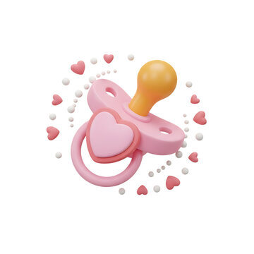 Cute pink pacifier with hearts and pearls on white background