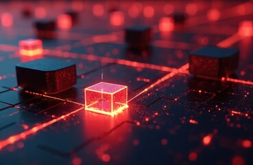 Abstract network of glowing red cubes interconnected by digital lines. Futuristic data blocks pulsate with light on a dark circuit board. Tech background with nodes and energy flow.