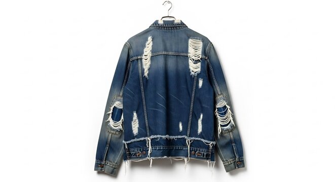 Distressed blue denim jacket with ripped details and frayed hem, back view