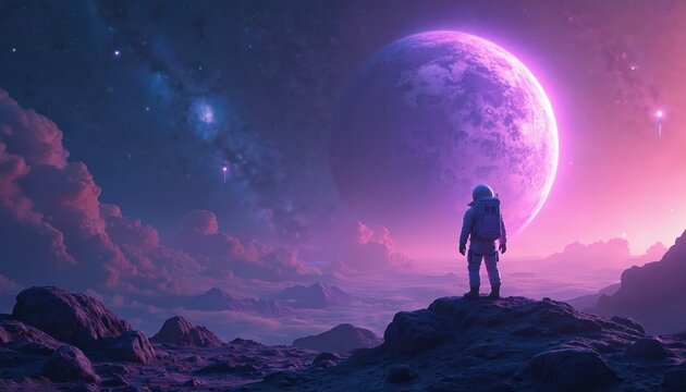 Astronaut on alien planet watches giant moon rise in starry sky. Space explorer gazes at cosmic landscape. Futuristic voyage begins, exploring unknown world with purple hues.