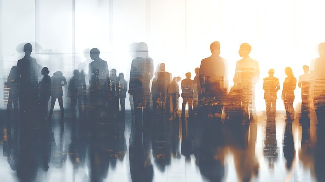Double exposure image of many business people teamg group silhouette office background.