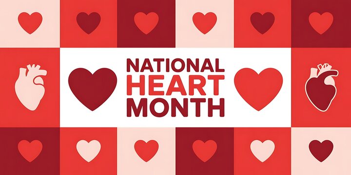 National heart month banner for February with red hearts scattered on checkered backdrop spreading love for better health wellness awareness campaign day