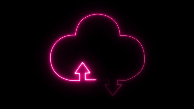 Neon cloud download symbol glowing pink arrow on black background digital technology concept futuristic data transfer
