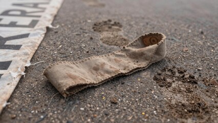 A close-up of a worn beige rectangular piece of fabric lying on