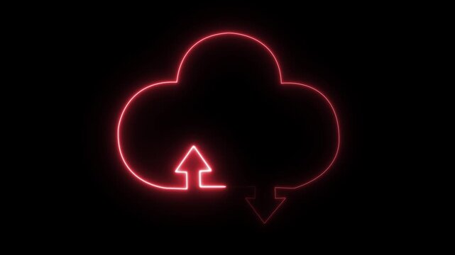 Neon cloud computing arrow success symbol glowing red on black background digital technology innovation futuristic data transfer