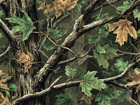 Seamless forest timber tree camouflage background, realistic hunting camo pattern with maple leaves and textured bark