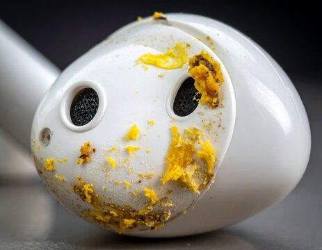 Close-up of dirty white earpod with visible earwax and debris