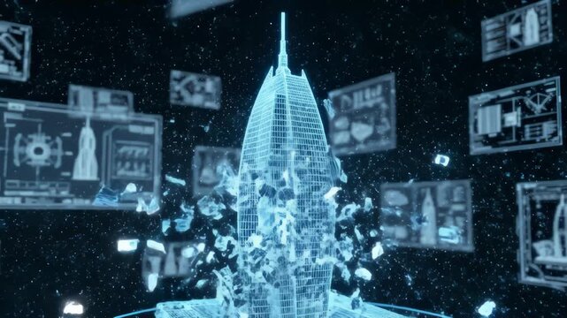 Building Wireframe Model Simulates Destruction and Then Rebuilds