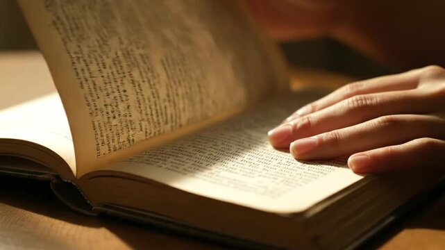 Hands Reading Open Book on Table.