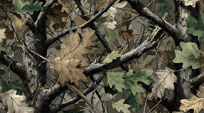 Vector hunting camouflage seamless pattern design. Camouflage background. Deer hunting, forest, jungle texture. Realistic tree seamless pattern. Digital camouflage