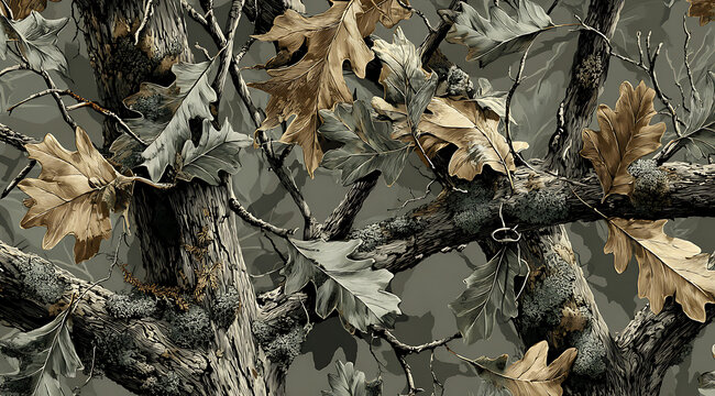 Seamless dark grey oak tree camouflage pattern background, tactical timber hunting camo with realistic bark and dry foliage
