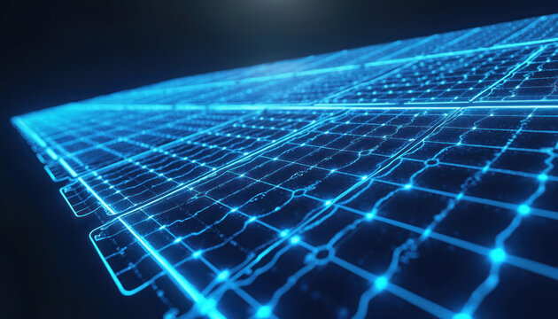 Futuristic wireframe solar panels glow with blue neon light. Digital blueprint shows sustainable energy technology grid. Clean power generation concept visualized in 3D.