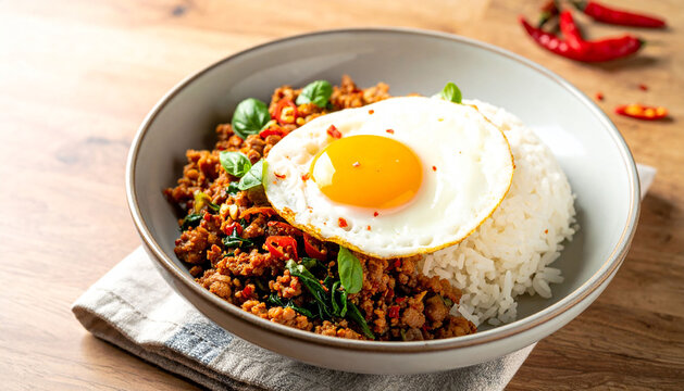 Pad Kra Pao of stir fried basil on Wooden Background