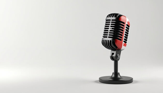 Vintage microphone with Canadian flag colors. Symbolizes music, broadcast, national pride. Retro audio device for shows, concerts, radio programs.