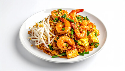 Pad Thai with Shrimp on White Plate on White Background