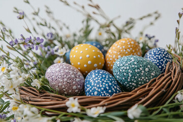 Colorful Easter eggs with white polka dots arranged in rustic wicker basket surrounded by delicate wildflowers, creating festive and cheerful spring decoration