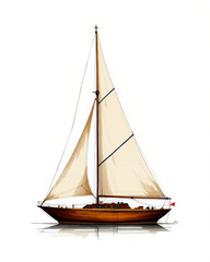 Fototapeta premium Wooden sailboat yacht illustration with beige sails, isolated on white background