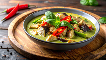 Gaeng Keow Wan (Thai green curry) on wooden board