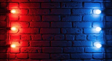Brick wall with red and blue lights shining on it