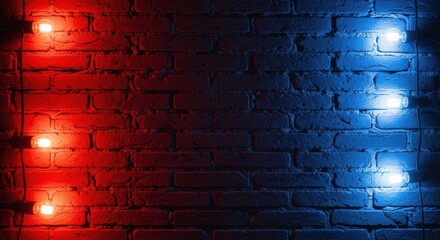 Brick wall with red and blue spotlight beams in dark