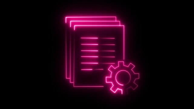 Neon gear and digital folder icon glowing pink on black futuristic tech background for business and technology concepts