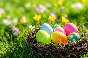 Easter egg nest grass spring colorful flower decoration holiday celebration nature bright green yellow pink blue orange outdoor seasonal fresh small closeup background vibrant natural festive