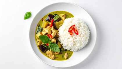 Gaeng Keow Wan (Thai green curry) with rice on white plate