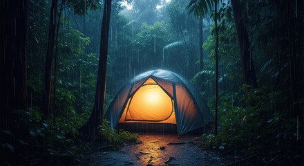 Glowing tent in a misty forest on a rainy night