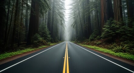 Serene forest road with sunbeam shining through trees