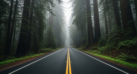 Misty forest road with sun shining through tall trees