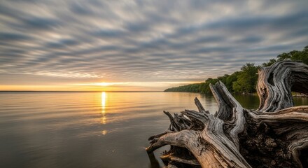 Sunset over calm lake with driftwood and trees on shore