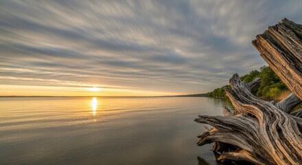 Sunset over calm water with driftwood and cloudy sky