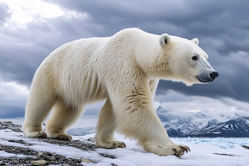 Polar bear walking on snowy rocky terrain with icy mountains and cloudy sky in background, showcasing powerful animal in cold arctic environment