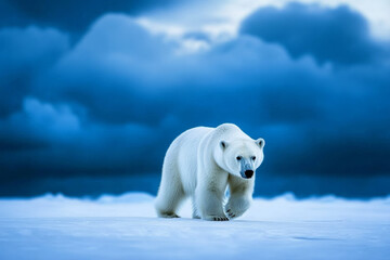Polar bear walking across snowy tundra under dramatic cloudy sky in cold arctic environment, showcasing powerful animal in natural icy habitat