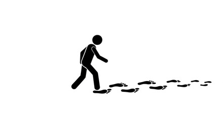 Stick figure walking leaving footprints on white background.