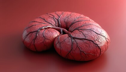 Red human spleen rendered with detailed vascular network. Organ model displays intricate internal structure. Scientific illustration for medical education or research.