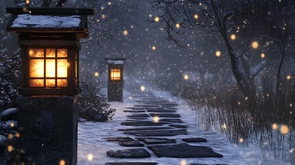 Snowy garden path illuminated by lanterns in winter evening scene