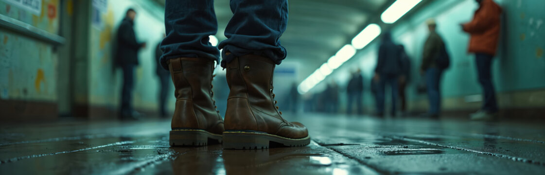 Person in worn boots stands on wet subway floor. Crowd passes by on grimy platform. Urban journey and poverty themes are apparent in this raw depiction.
