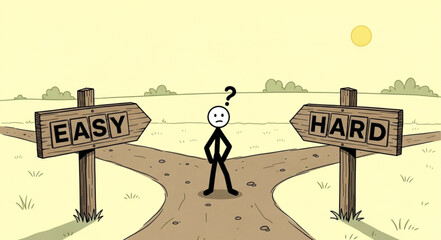 Stick figure stands at a crossroads with signs pointing to easy and hard paths. © Budi