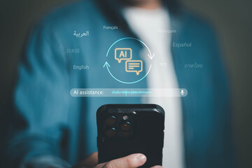 Business person using AI command with smartphone to create voice prompt for process automation...