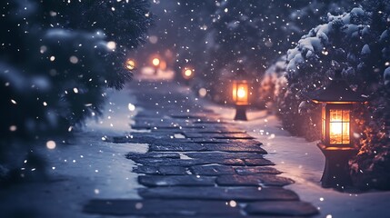 Snowy path with glowing lanterns leads through a winter landscape at night