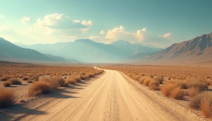 Fototapeta premium Winding dirt road travels through arid desert landscape with sparse dry grass. Distant mountains fade into hazy blue sky. Open space suggests remote journey and adventure.
