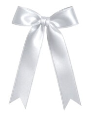 Silky white ribbon tied into a bow, with long tails, isolated on a clean white background, capturing its smooth sheen
