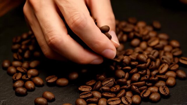 Hand Touching Roasted Coffee Beans - Aromatic Delight and Sensory Experience.