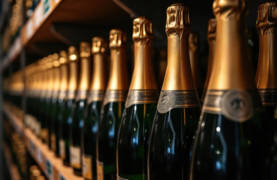 Bottles of premium sparkling wine line shelves in cool underground cellar. Elite beverages carefully stored awaiting consumption. Golden foil tops gleam, hinting at celebratory occasions, fine taste.