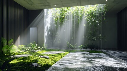 Sunlit interior with lush greenery creating a serene and modern atmosphere